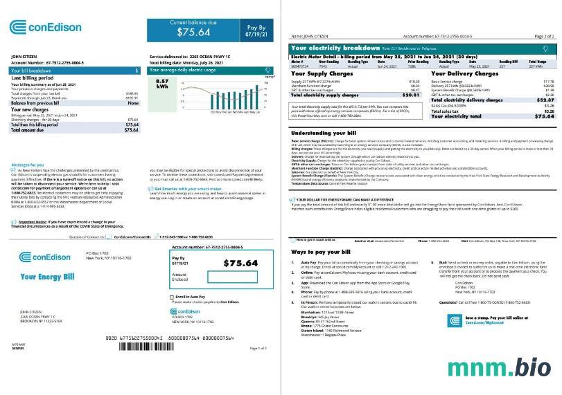 Szablon rachunku za media USA Con Edison w formacie Word i PDF, 2 strony (2021 kwiecień – obecnie)